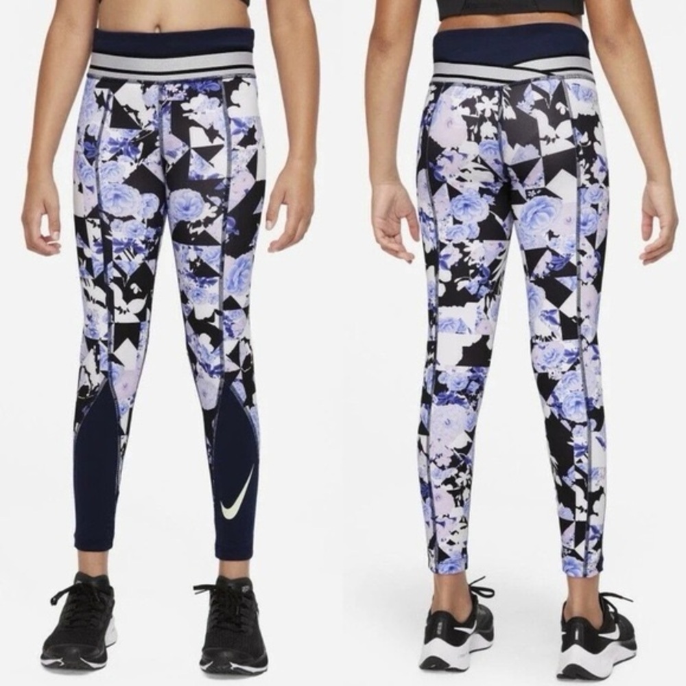 Nike Girls Dri-Fit Purple Floral Geometric Training Leggings - Girls Size XL